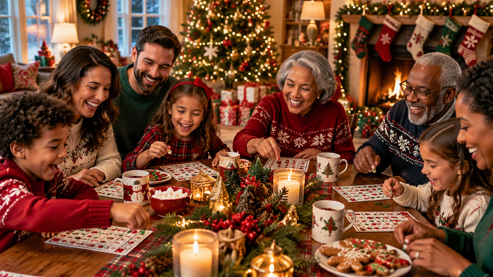 A joyful multigenerational family gathered around a beautifully decorated Christmas table playing bingo together, young children, parents and grandparents laughing and marking festive bingo cards, Christmas tree glowing in the background, cozy living room, wrapped presents, stockings, warm fireplace, soft golden Christmas lights,