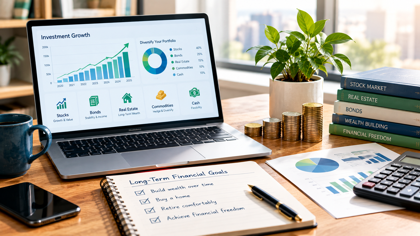 modern professional personal finance image representing investing and long-term financial growth, laptop showing a clean upward investment chart, diversified investment icons, coins and subtle financial graphs, notebook with long-term financial goals, a small plant symbolizing growth, elegant modern workspace, optimistic natural lighting, sophisticated navy blue, green and warm neutral palette.