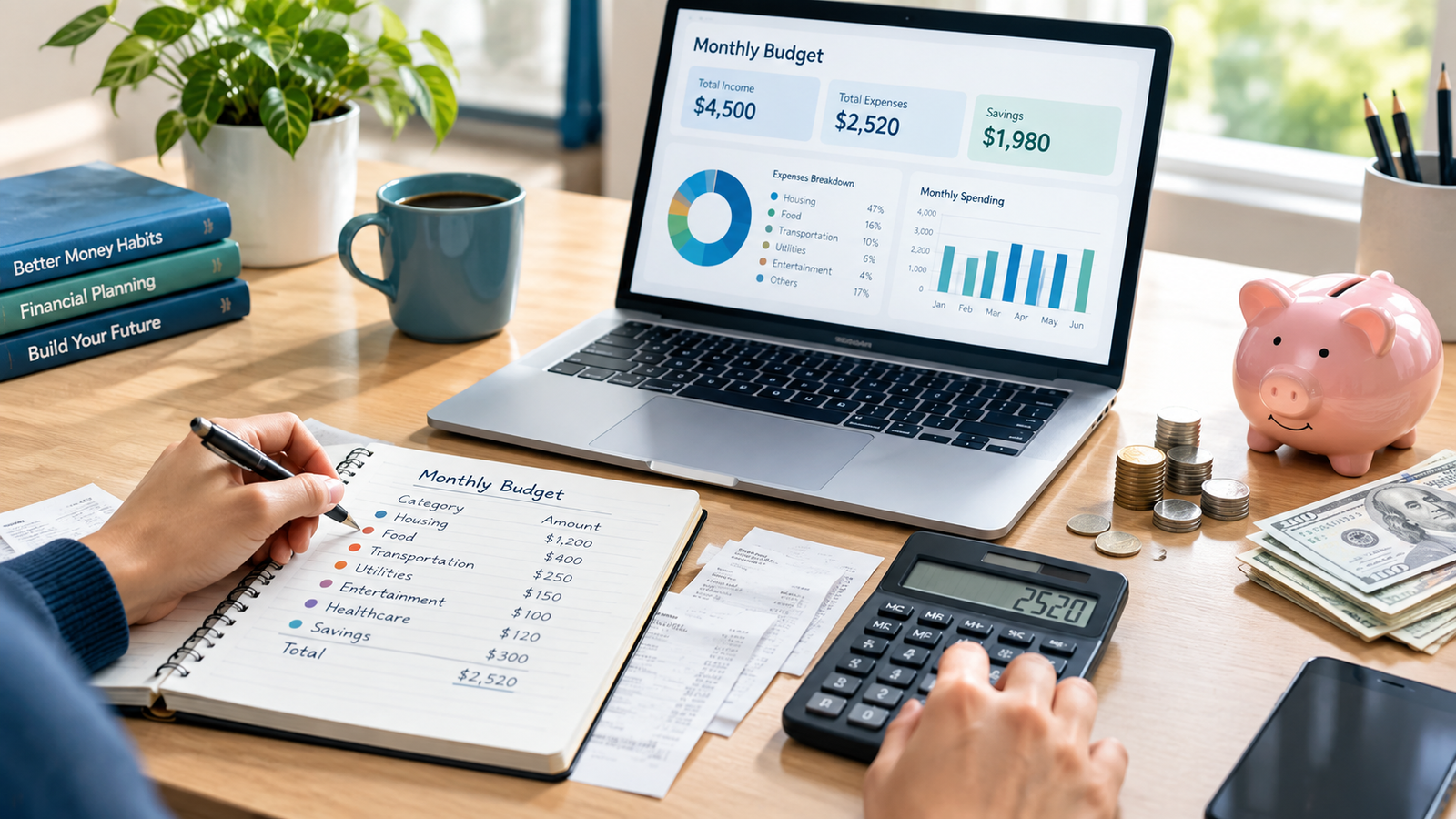 A professional editorial-style personal finance illustration showing a person organizing monthly expenses and creating a budget at a clean modern desk, laptop displaying a simple budgeting dashboard, calculator, notebook with categorized expenses, receipts, coins and a small piggy bank, warm natural lighting, modern blue