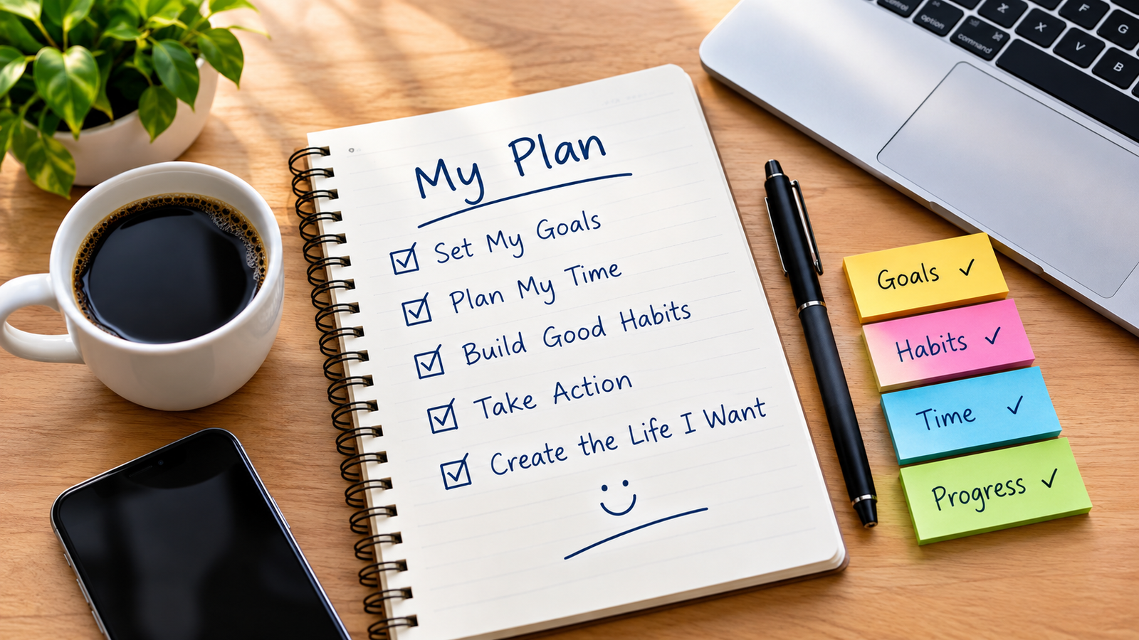 Productivity planner showing goals, time planning, good habits, and daily action steps