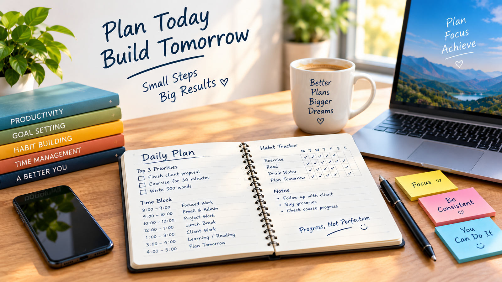 Daily productivity planner with top priorities, time blocks, habit tracker, and progress notes