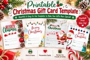 Printable Christmas Gift Card Template featuring four festive designs with Santa Claus, snowman, Christmas ornaments, and holiday decorations, perfect for personalized Christmas gifts.