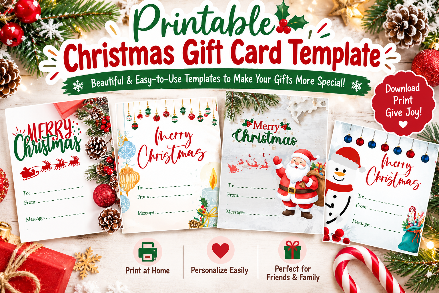 Printable Christmas Gift Card Template featuring four festive designs with Santa Claus, snowman, Christmas ornaments, and holiday decorations, perfect for personalized Christmas gifts.