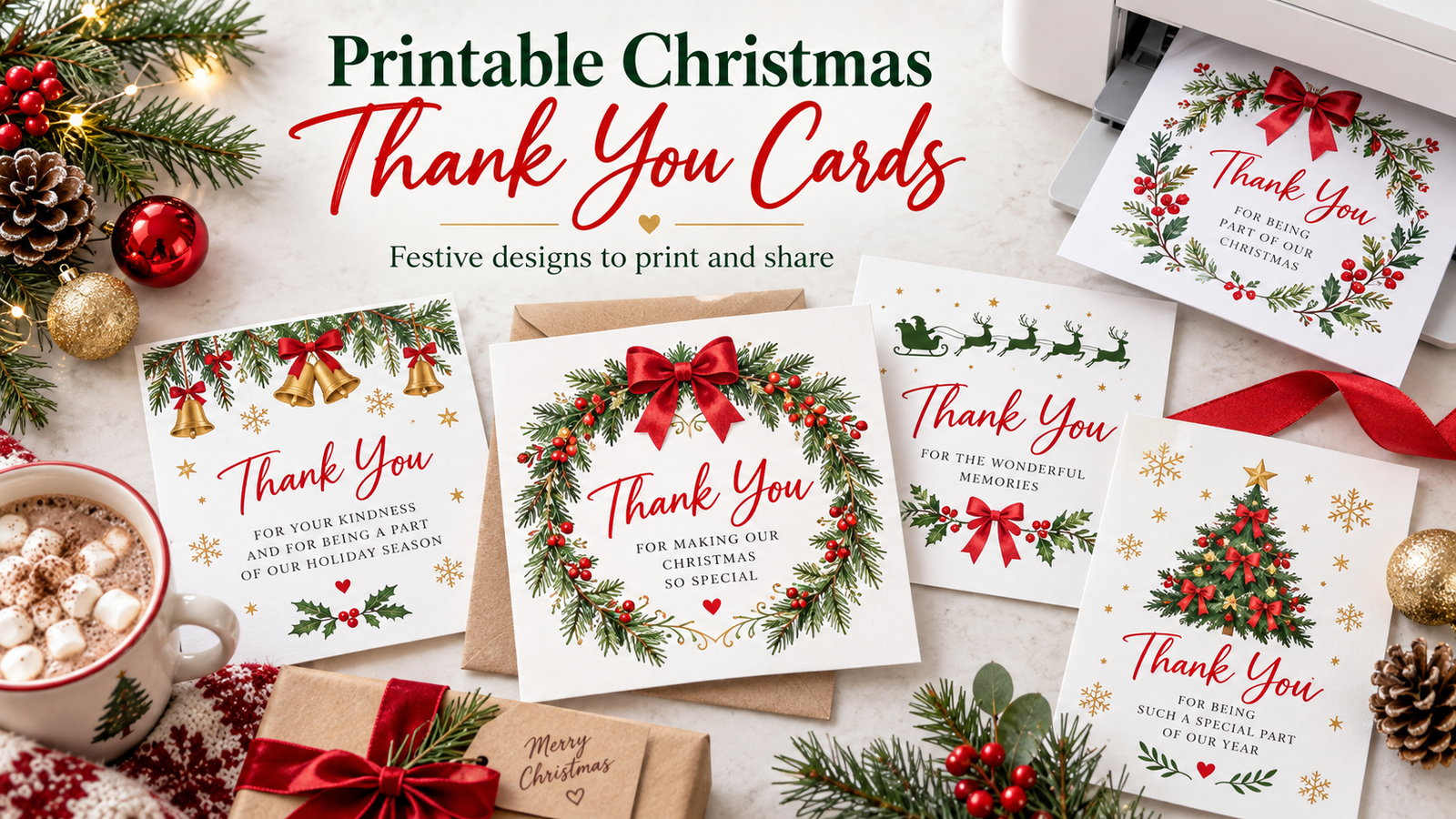 Printable Christmas thank you cards displayed with festive greenery, pinecones, red ornaments, gifts, and holiday decorations.