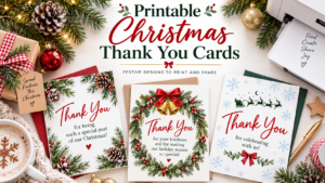Printable Christmas thank you cards displayed with festive greenery, pinecones, red ornaments, gifts, and holiday decorations, with the text ‘Printable Christmas Thank You Cards.