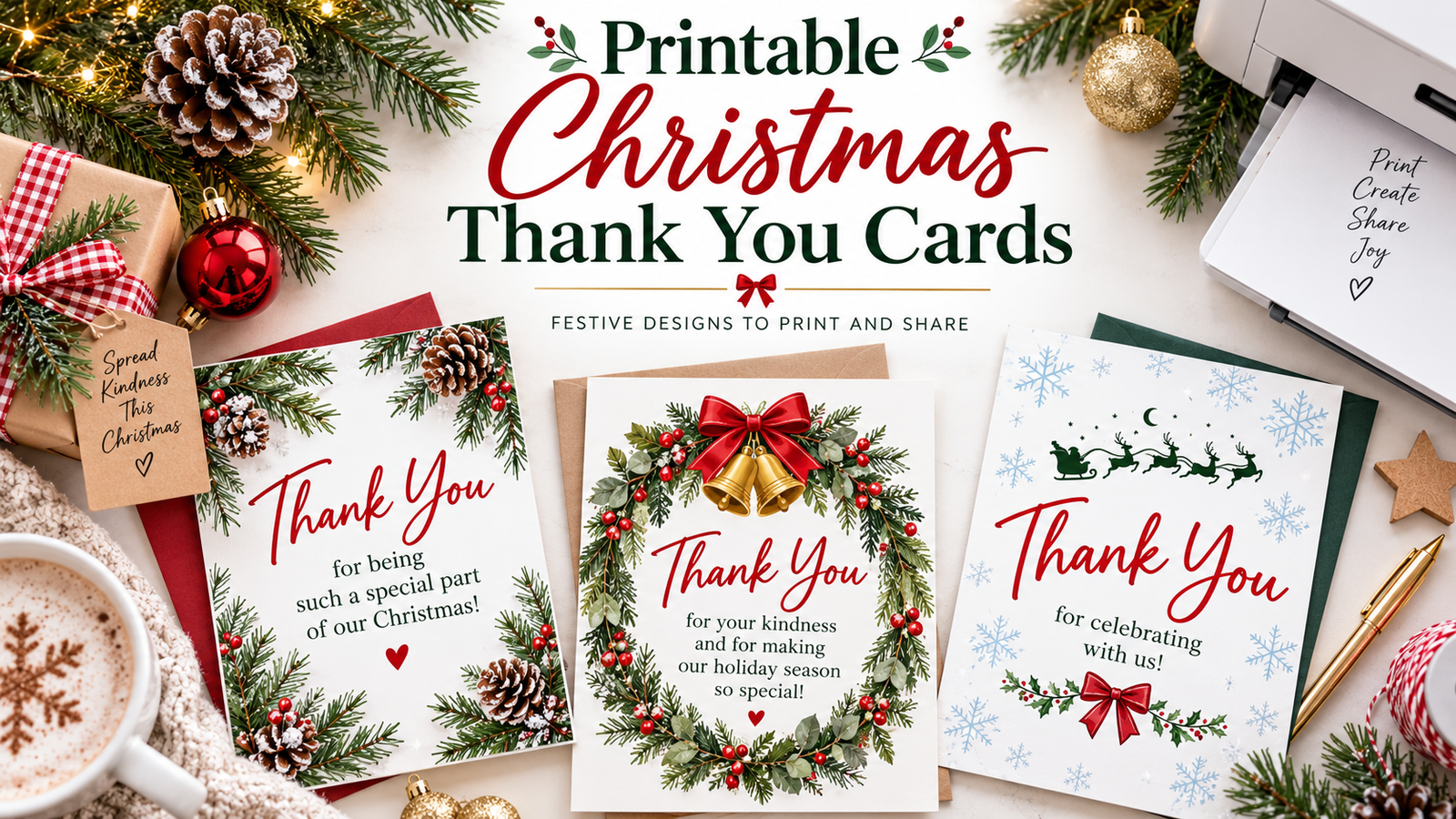 Printable Christmas thank you cards displayed with festive greenery, pinecones, red ornaments, gifts, and holiday decorations, with the text ‘Printable Christmas Thank You Cards.