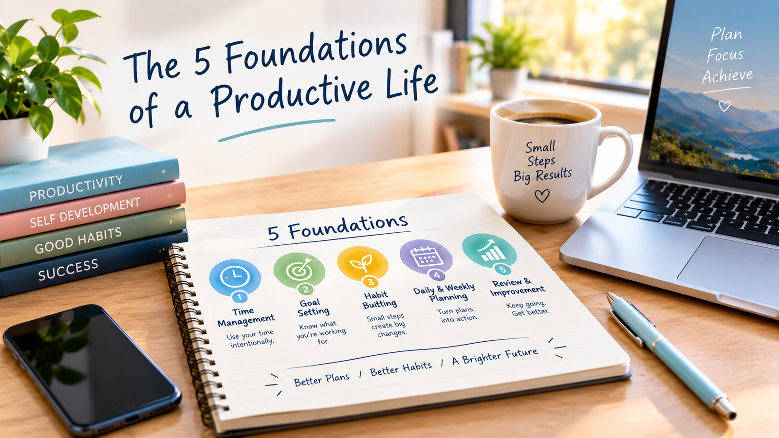 Five foundations of a productive life including time management, goal setting, habits, planning, and review