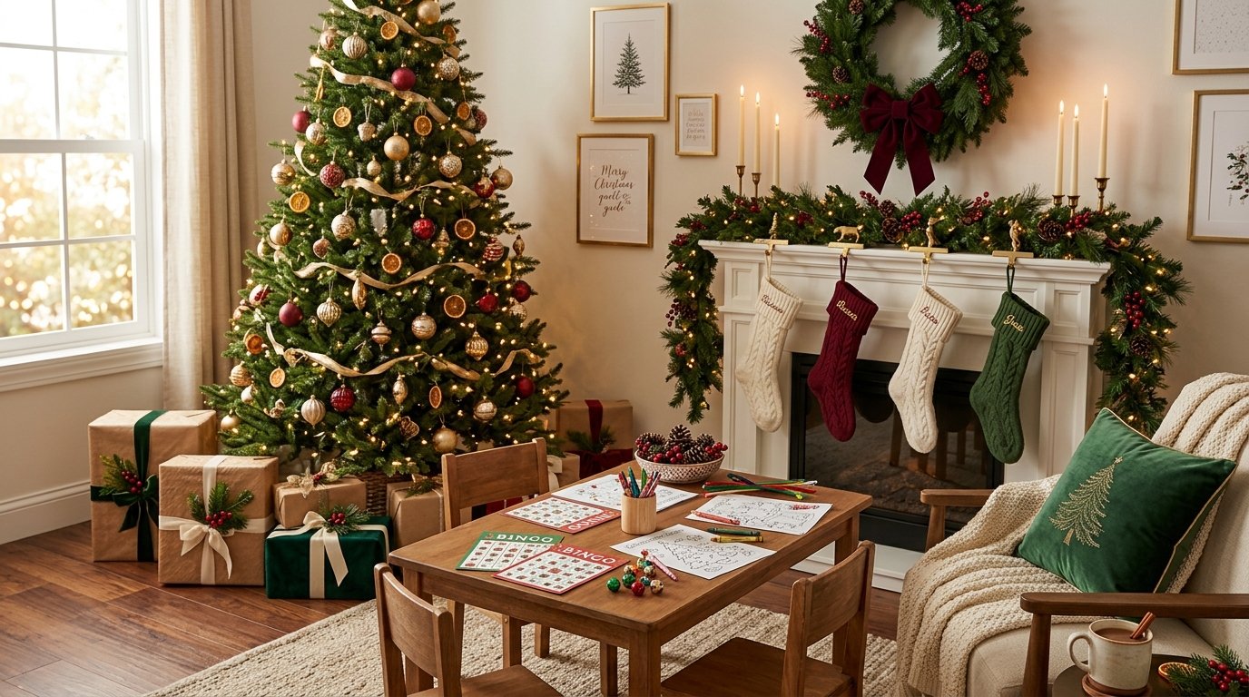 Show a cozy living room beautifully decorated for Christmas with a Christmas tree, stockings, wreath, candles, ornaments, wrapped presents, festive wall art, and a small activity table with Christmas bingo cards, coloring pages, crayons, and holiday crafts.