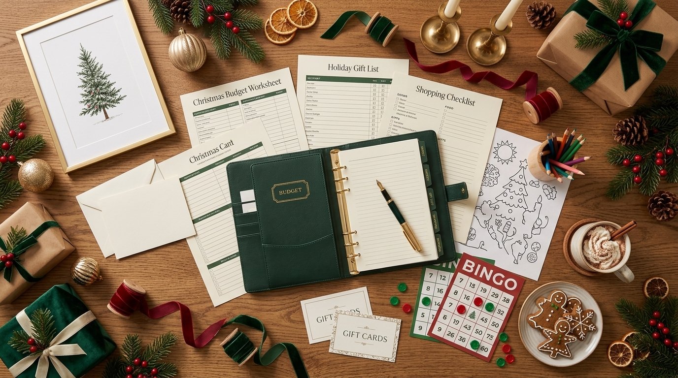 Arrange a beautifully styled Christmas tabletop flat lay with a planner, budget worksheet, gift list, shopping checklist, Christmas cards, gift card templates, Christmas bingo cards, children's coloring pages, Christmas wall art print, wrapped gifts, ornaments, ribbons, pine branches, cookies, and a warm cup of cocoa.