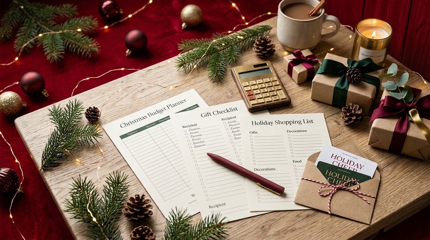 Show a cozy Christmas planning desk with a beautiful printable budget planner, gift checklist, shopping list, calculator, envelopes, wrapped presents, gift cards, pen, small Christmas tree branches, pinecones, and warm fairy lights.